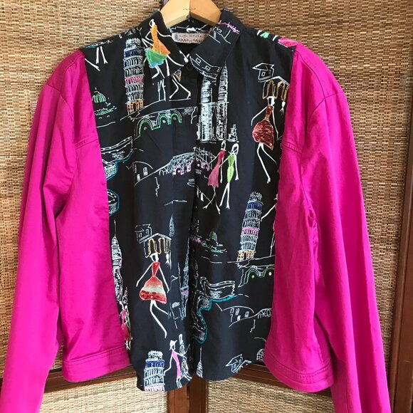 Funky Oversized Blazer, M-L: Paris Print, Fuchsia Spliced Button-Down Jacket - Picture 7 of 12